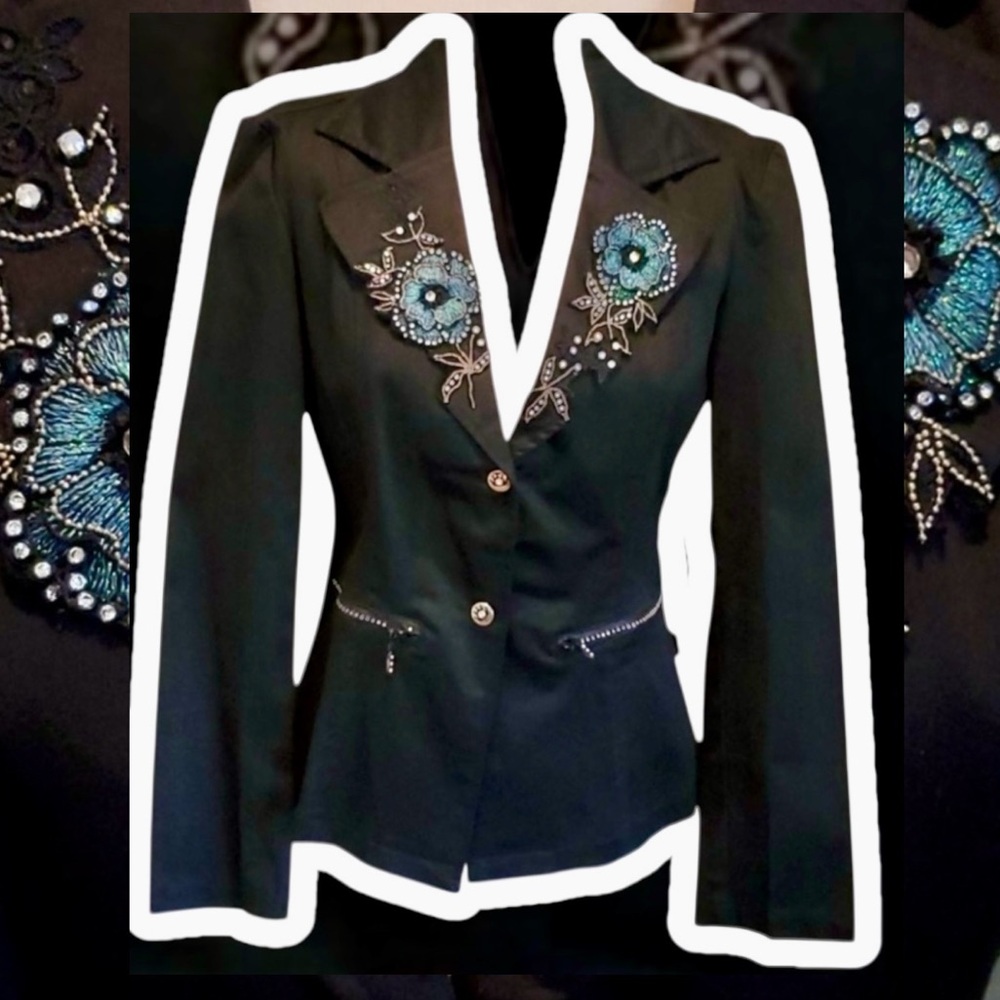 Black Blazer with Blue Teal Floral Beaded Embellishments. NWT. Sz. M